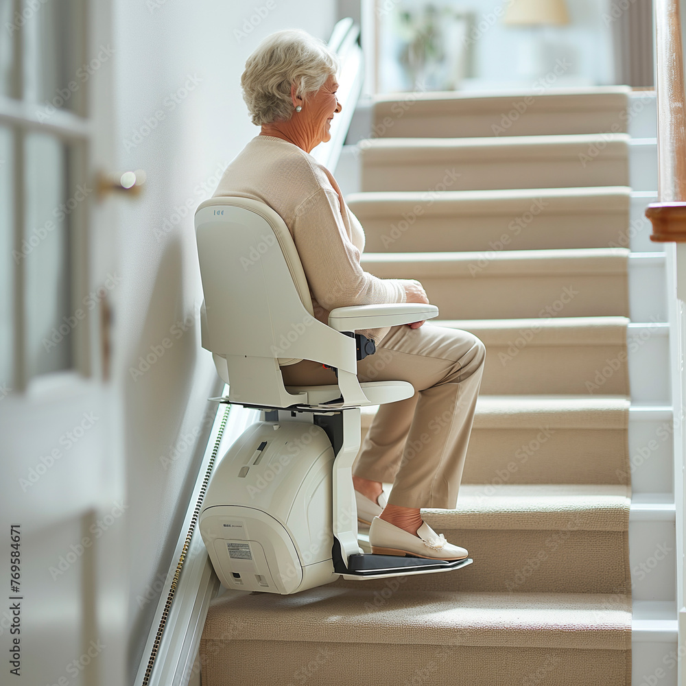 Femme âgée montant un escalier grâce à un monte-escalier