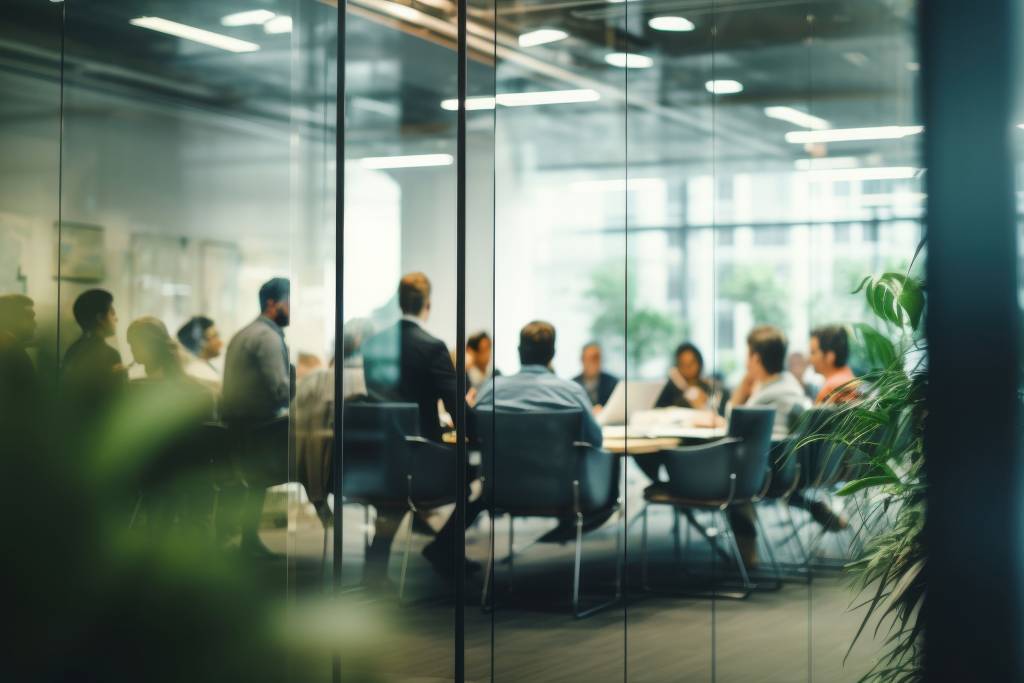 Équipe de travail en réunion dans un grand bureau