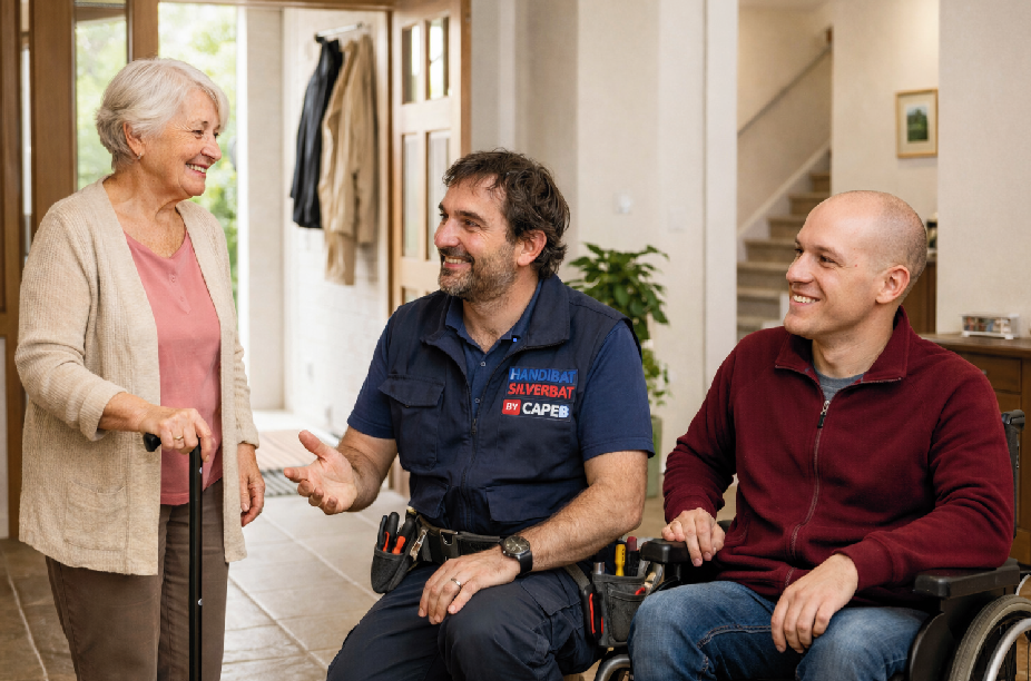 Photo d'un agent Artisan du Bâtiment by CAPEB chez un couple de personnes âgées dont une personne est en fauteuil roulant
