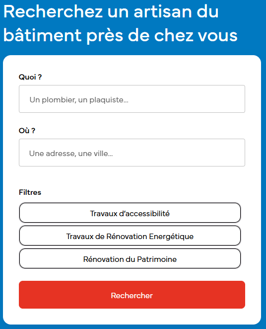 Capture d'écran du moteur de recherche de l'annuaire d'Artisans du Bâtiment by CAPEB