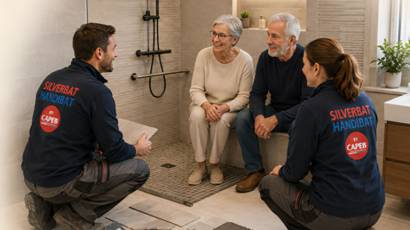 Photo générée par une IAde professionnels d'une entreprise HandiBat et SilverBat dans une salle de bain avec des personnes âgées pour une adaptation de leur logement