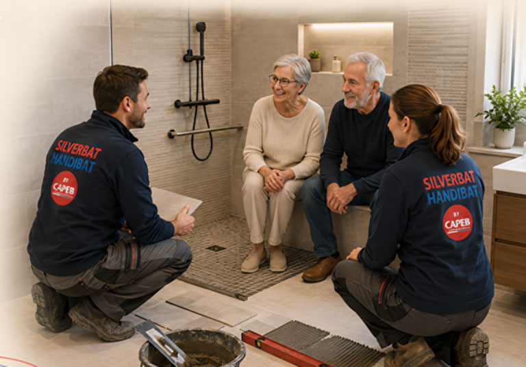 Photo générée par une IAde professionnels d'une entreprise HandiBat et SilverBat dans une salle de bain avec des personnes âgées pour une adaptation de leur logement